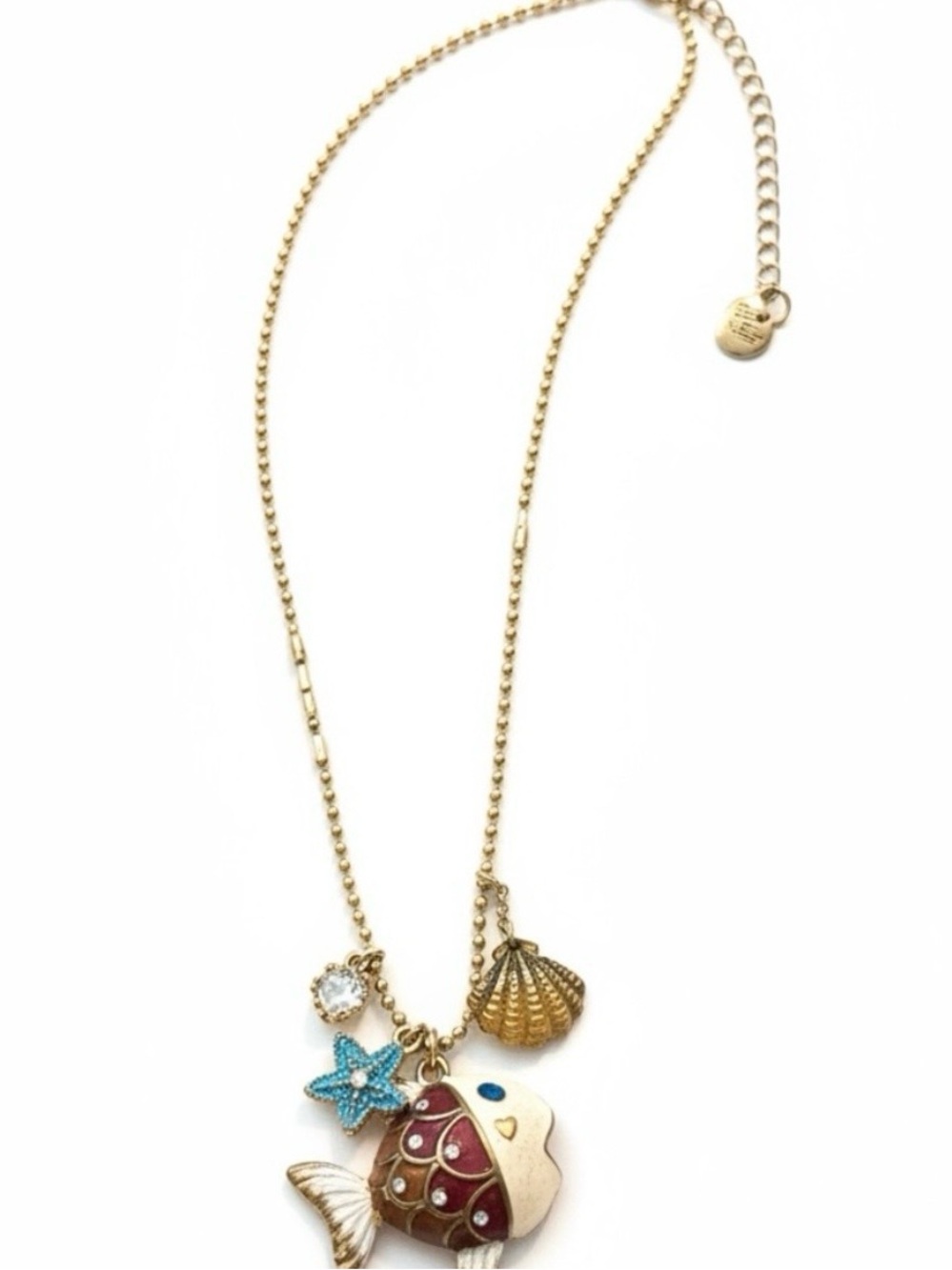 Betsey Johnson Gold-Tone Fish Charm Necklace with Red and Blue Accents